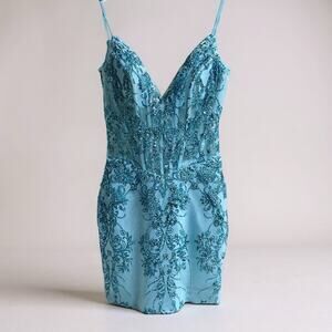 Jovani Size 2 Turquoise Sequin Bodycon Cocktail Prom Dress Deep V Mini Party